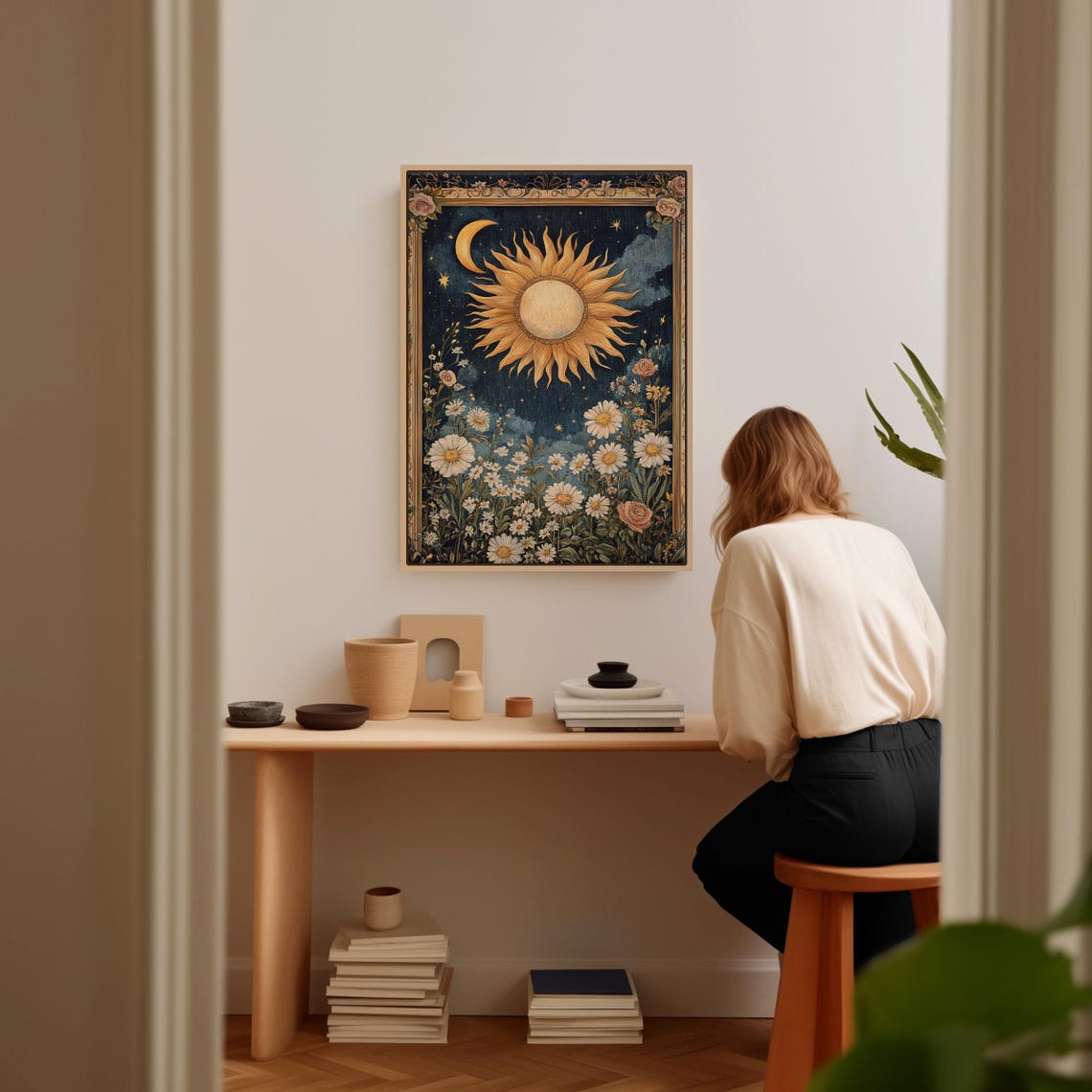 Vintage Sun And Moon Floral With Daisies And Roses Night Poster - Image 6