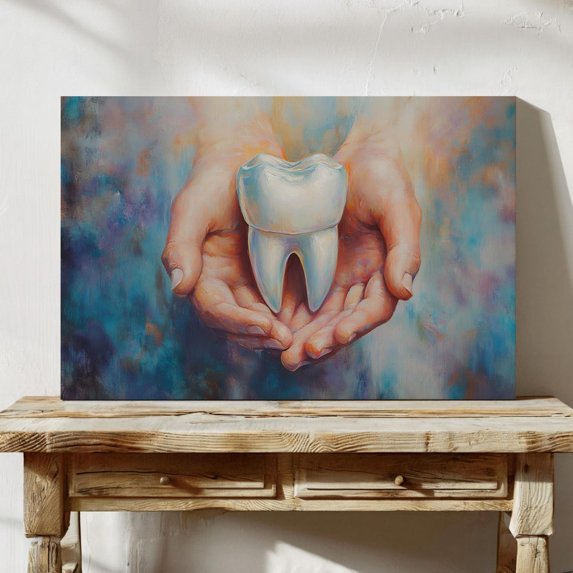 Hands Holding Healthy Tooth Dental Care Art Blue Background Poster - Image 3