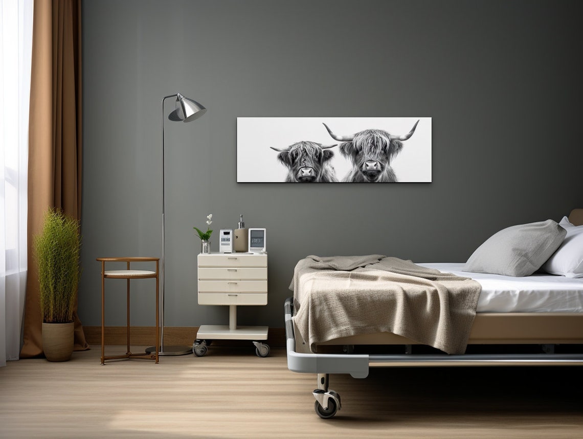 Highland Cow Pair Black and White Panoramic Farmhouse Wall Art - Image 7