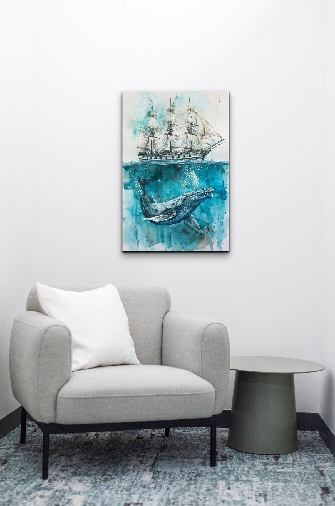 Whale Beneath Tall Sailing Ship Watercolor Ocean Nursery Poster - Image 6