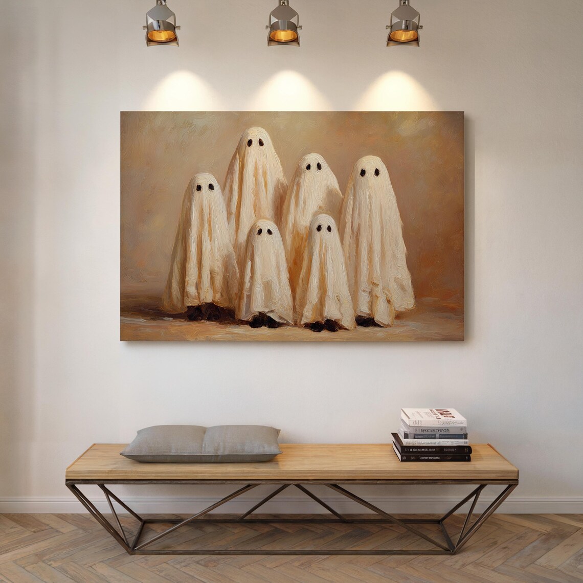 Cute Sheet Ghost Family Portrait Whimsical Halloween Oil Paint Poster