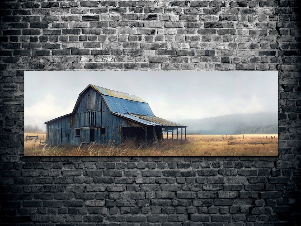 Old Blue Gray Barn In Misty Field Farmhouse Country Art Poster - Image 2