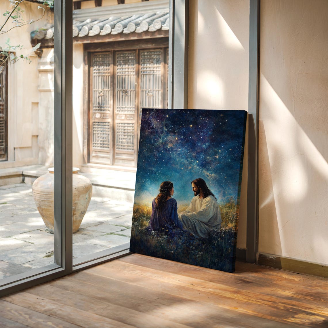 Jesus And Woman Under Starry Night Sky Peaceful Christian Poster - Image 4