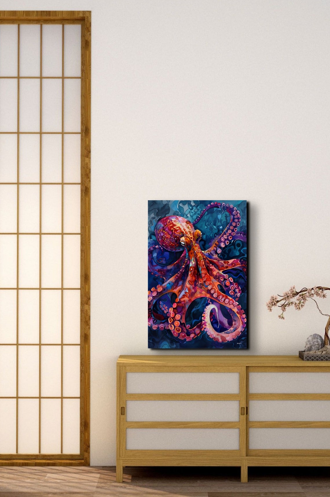Vibrant Red Octopus With Curling Tentacles Deep Blue Water Poster - Image 4