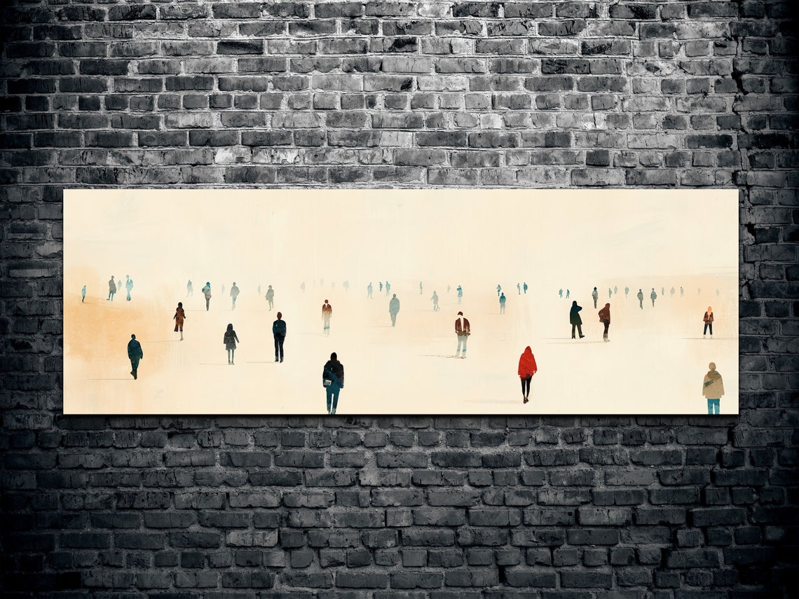 Minimalist Tiny People Walking in Fog Panoramic Neutral Art Poster - Image 2