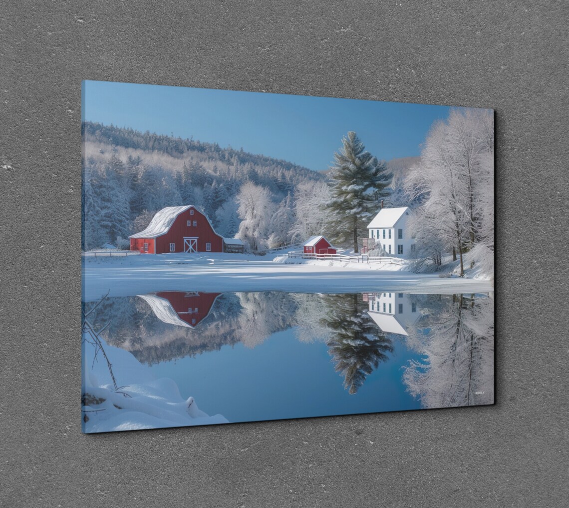 Cozy Winter Red Barn Farmhouse on Frozen Lake Reflection Poster - Image 7
