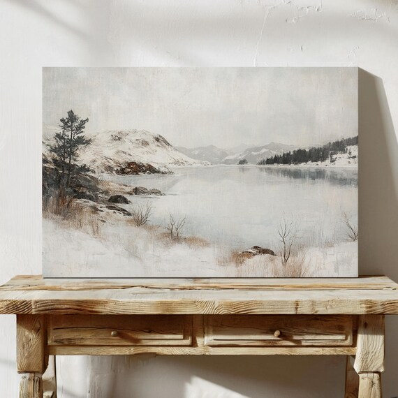Serene Snowy Mountain Lake Winter Calm Minimalist Landscape Wall Art