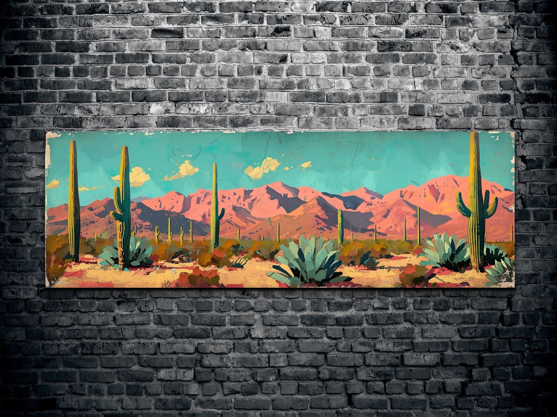 Panoramic Arizona Desert Saguaro Cactus Sunset Mountain Wall Art - Image 2