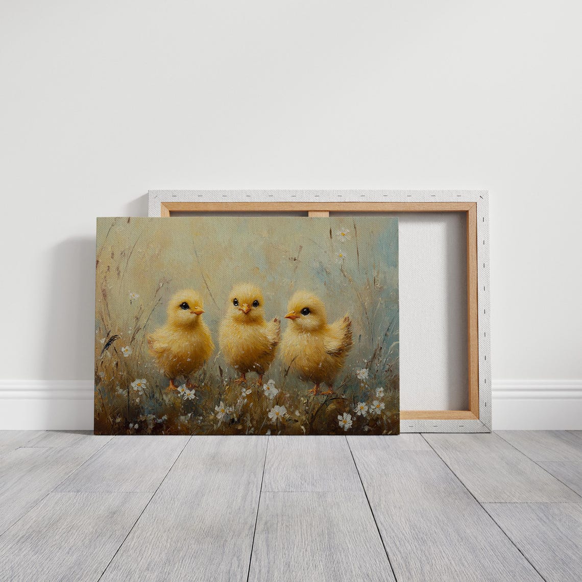 Three Fluffy Yellow Chicks In Daisy Field Adorable Spring Wall Art - Image 3