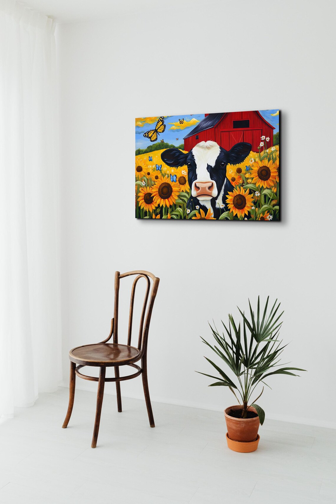 Happy Cow in Sunflower Field by Red Barn Monarch Butterfly Poster - Image 4