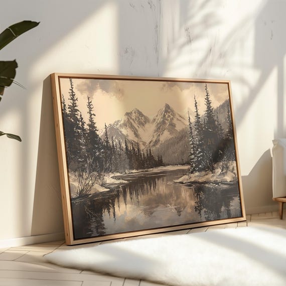 Snowy Mountain Lake Landscape Canvas Wall Art Serene Winter Scene With Pine Trees And Reflection Rustic Cabin Lodge Decor