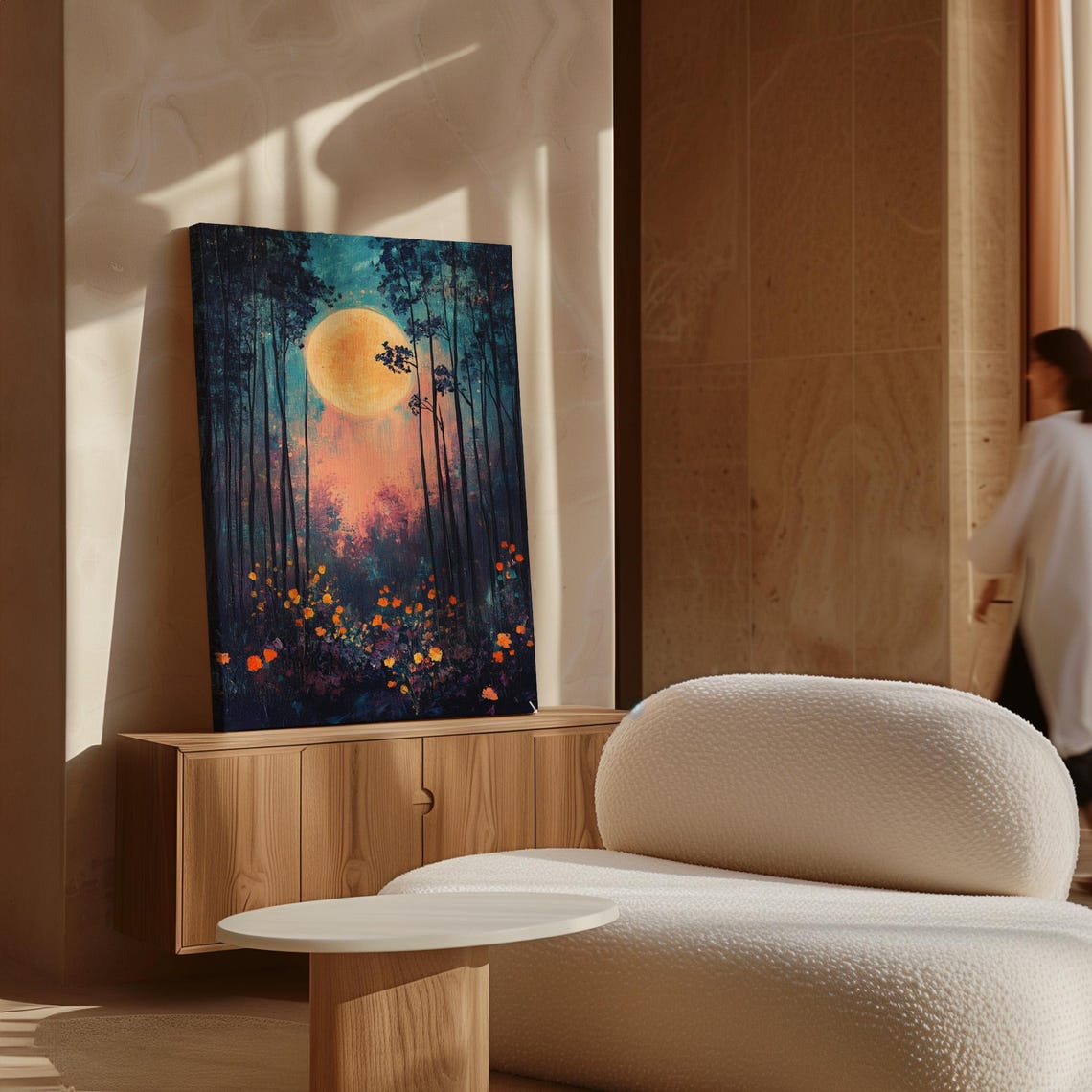 Glowing Full Moon Over Night Forest Wildflowers Pink Sky Poster - Image 5
