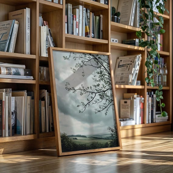 Overcast Countryside Canvas Wall Art Tranquil Rolling Hills Landscape With Tree Silhouette In Vintage Oil Painting Style
