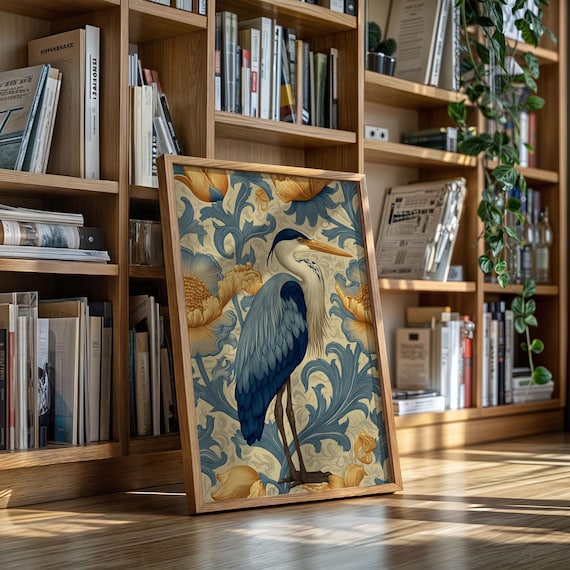 Elegant Heron Canvas Wall Art Vintage Botanical Bird Print In Blue And Gold Nature Inspired Decorative Artwork For Living Room Or Bedroom