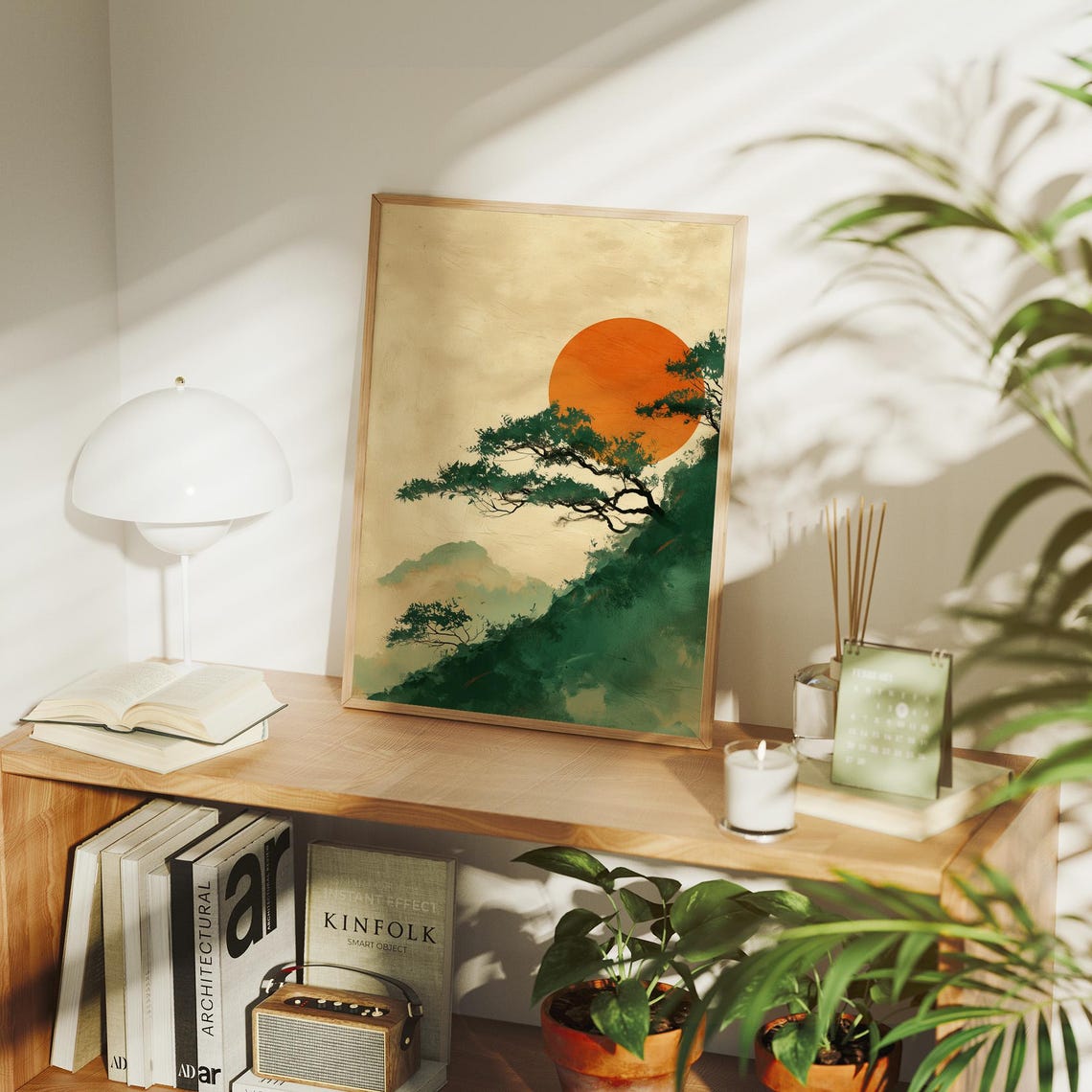 Japanese Red Sun Pine Trees on Misty Hillside Landscape Art Print