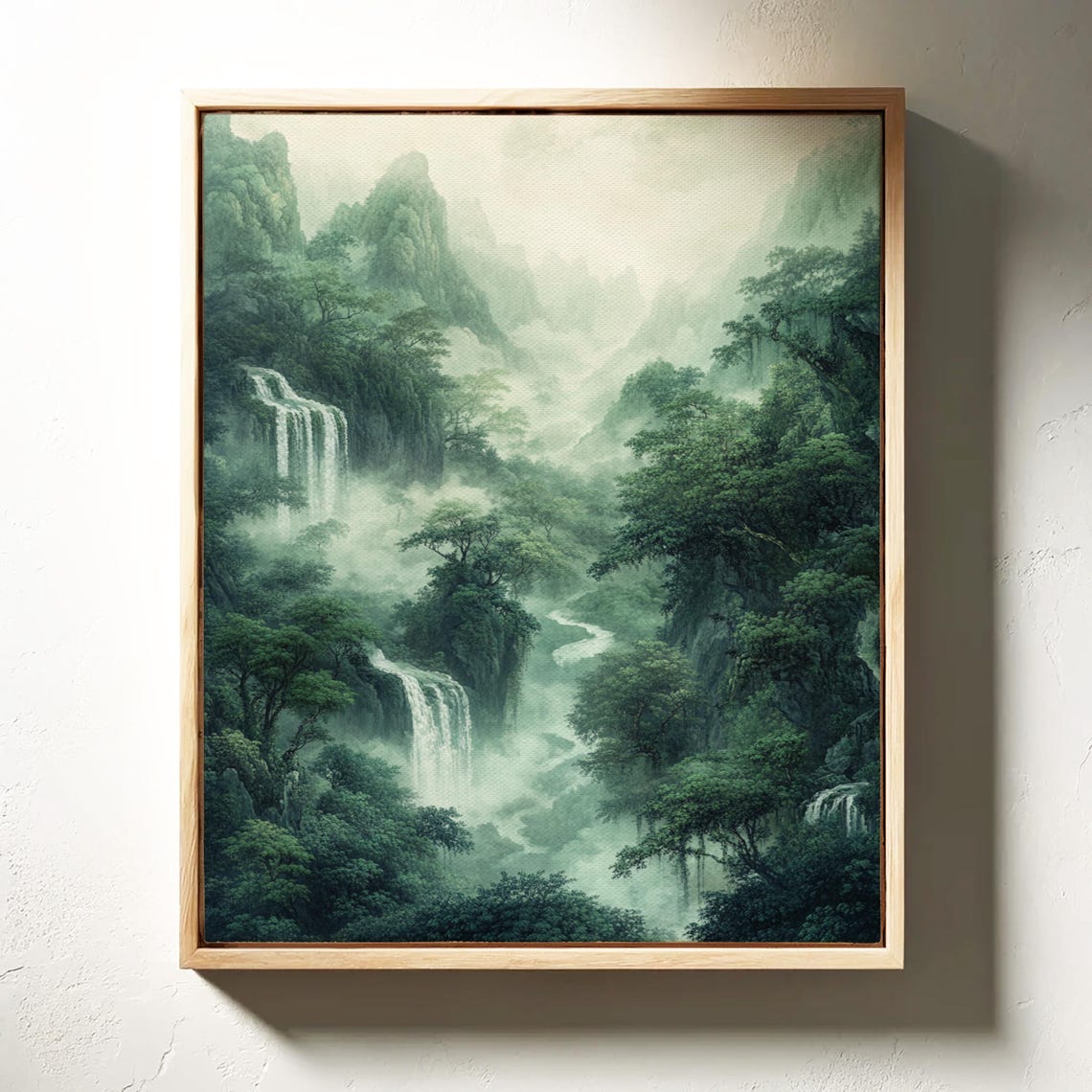 Green Valley Waterfalls Mist Chinese Ink Wash Lush Nature Poster - Image 3