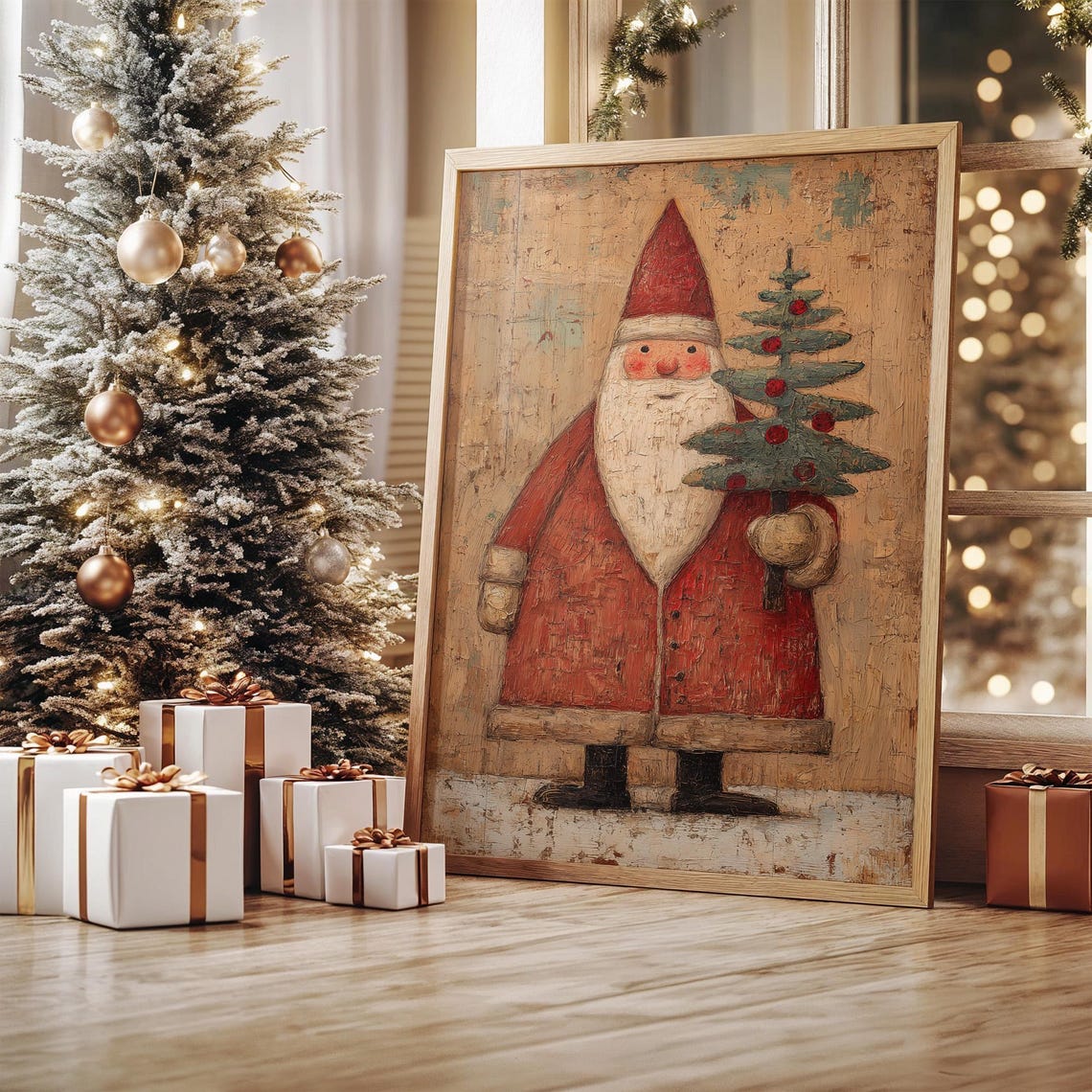 Rustic Folk Art Santa Holding Christmas Tree