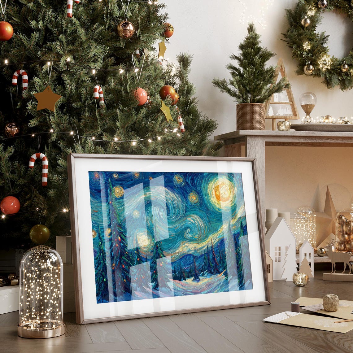 Starry Winter Night Christmas Pines Swirling Sky Holiday Art Poster