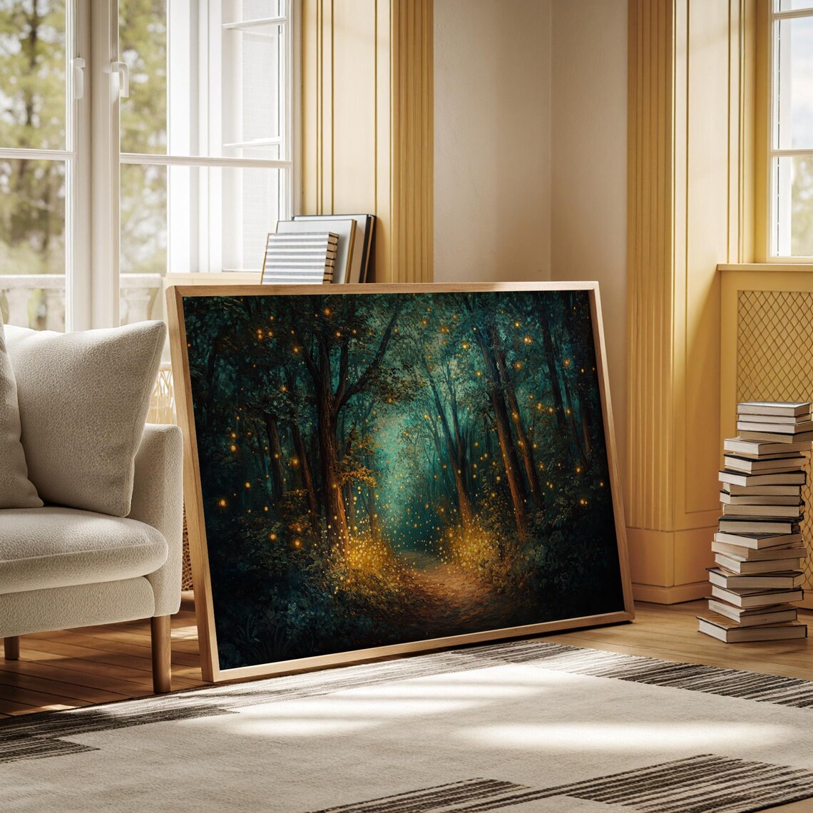 Magical Firefly Forest Path, Woodland Night Scene Wall Art Print