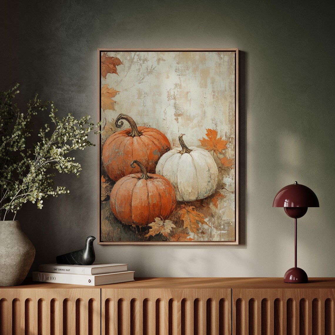 Rustic Orange and White Pumpkins Fall Harvest Painting with Leaves Poster - Image 4