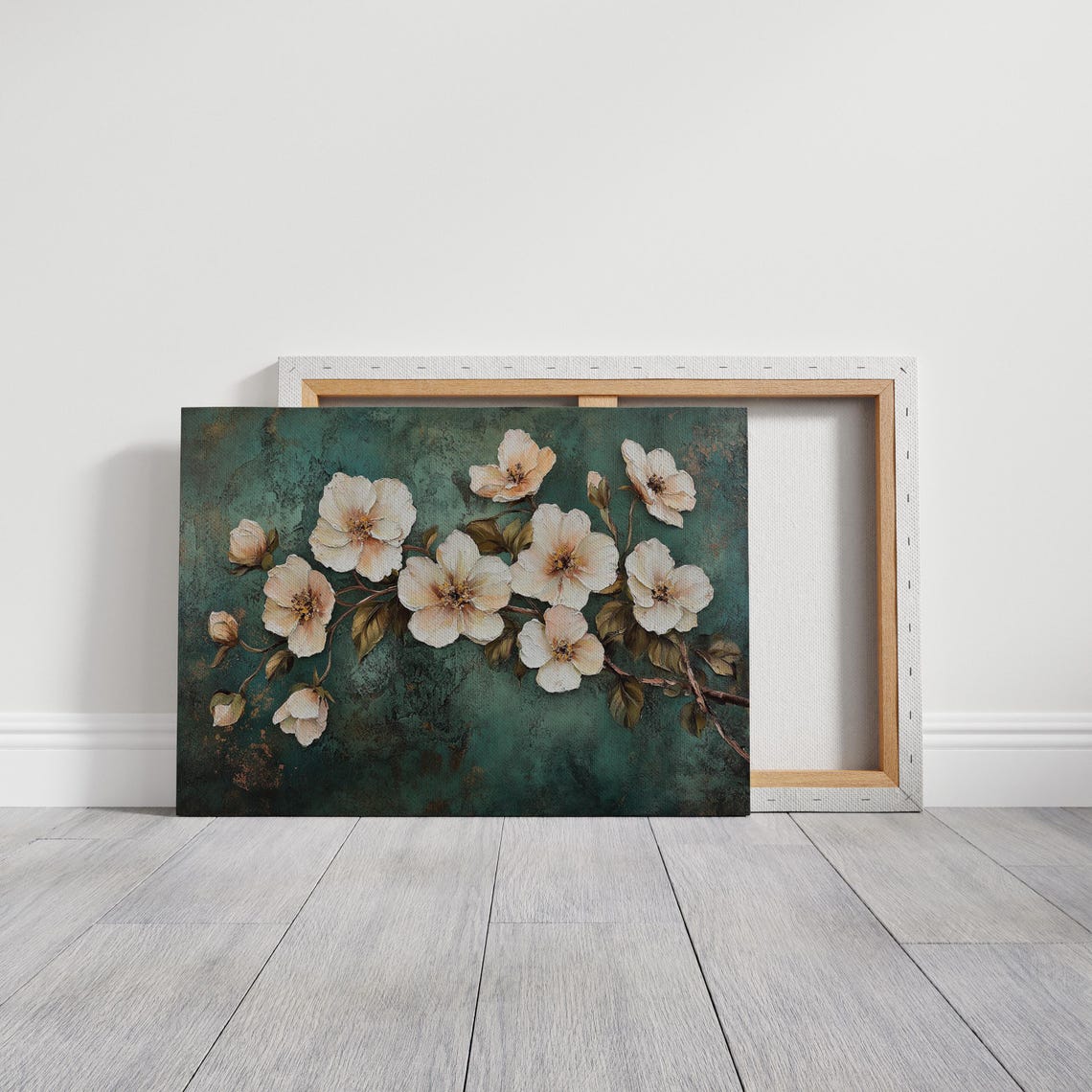 White Blossoms Teal Background Elegant Floral Botanical Wall Art - Image 3