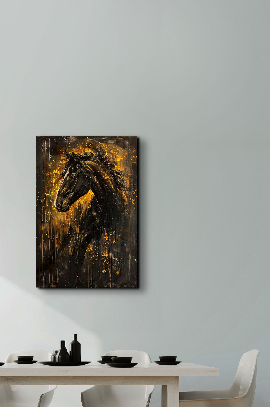 Black Horse Portrait in Golden Flame Paint Drip Equestrian Poster - Image 5