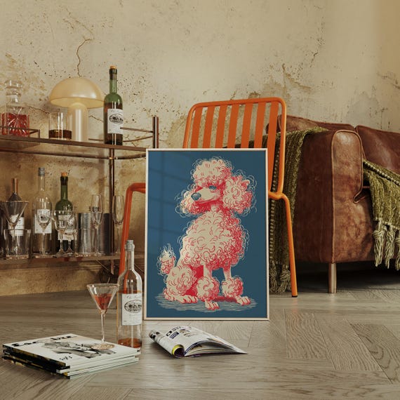 Vintage Poodle Illustration In Bold Red And Blue