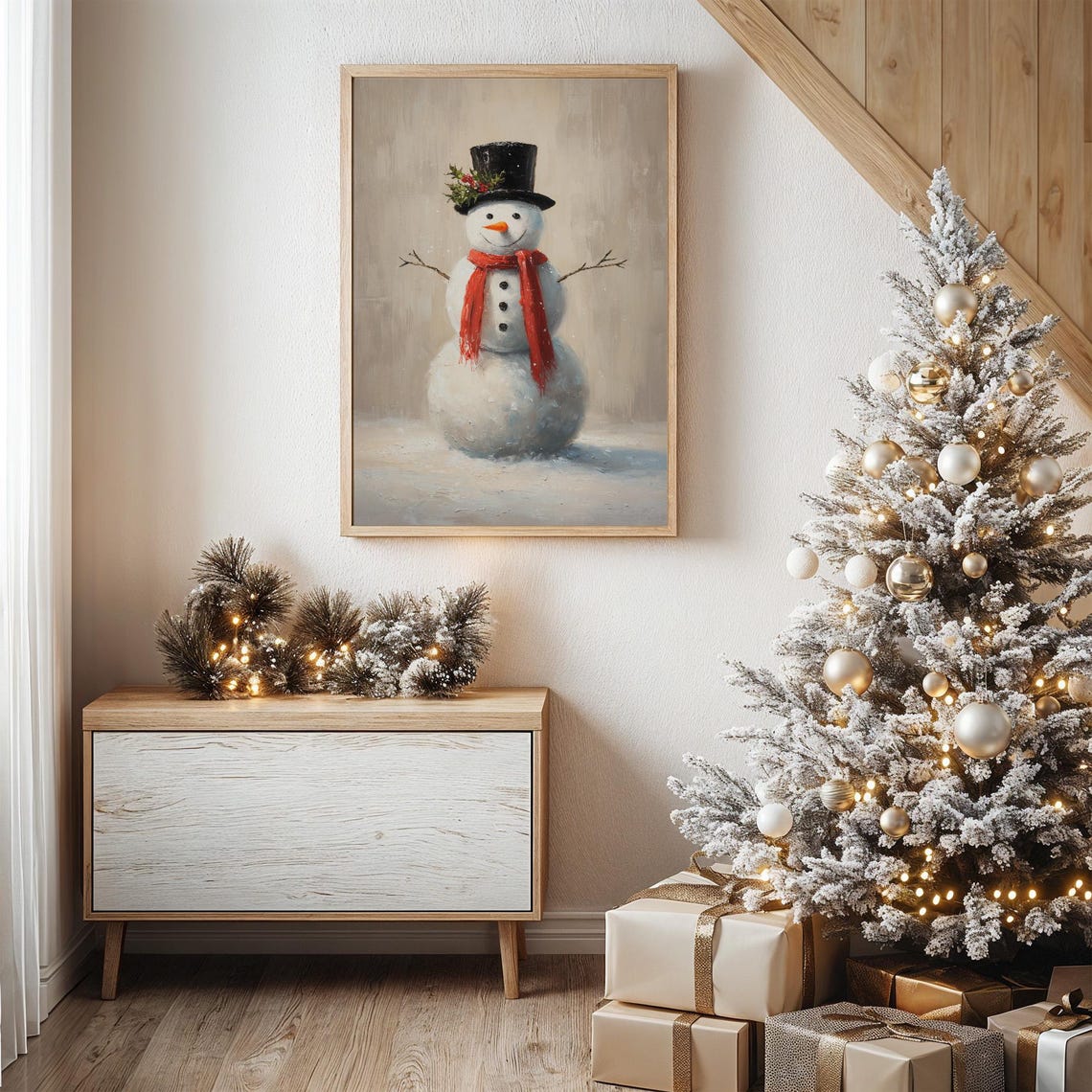 Cheerful Snowman With Top Hat And Red Scarf Winter Art Poster