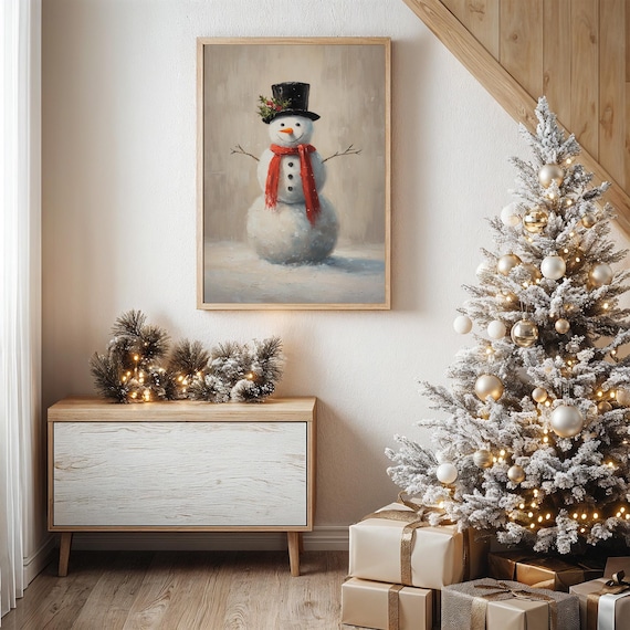 Cheerful Snowman With Top Hat And Red Scarf Winter Art Poster