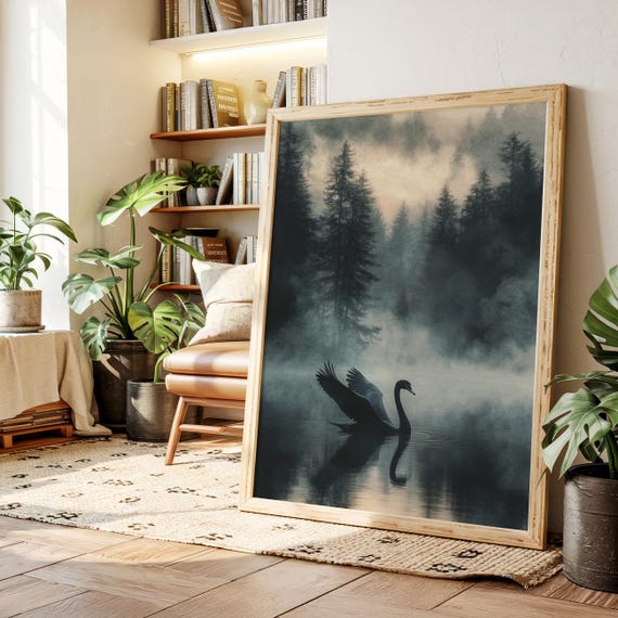 Black Swan In Misty Forest Canvas Dark Romantic Wall Art Serene Bird Fog On Lake Moody Nature Landscape Poster Print