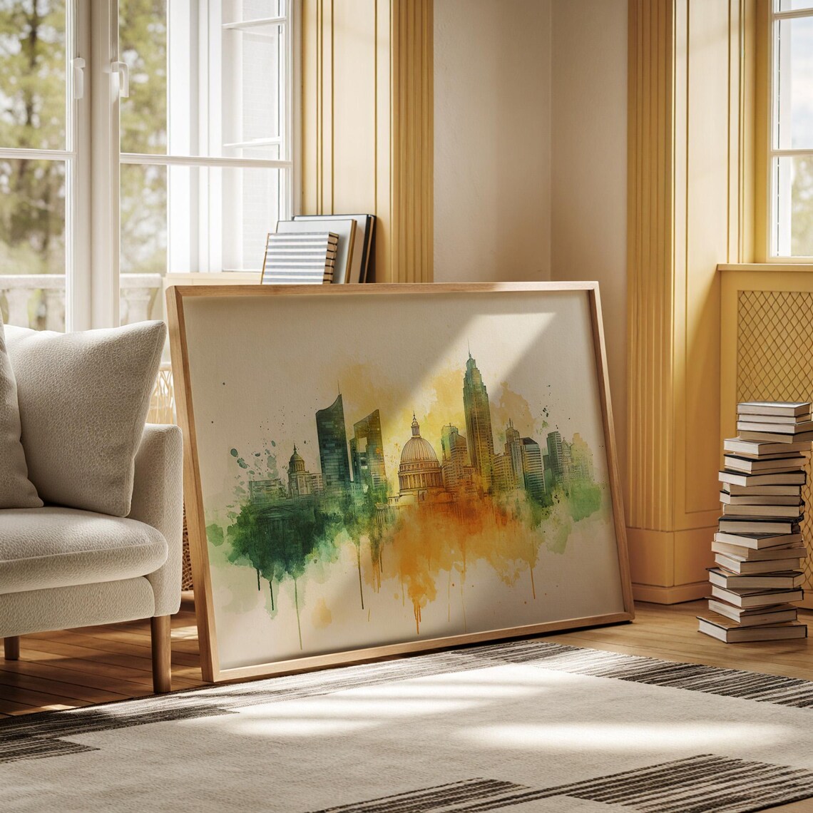 London Cityscape Watercolor St Pauls Cathedral Green Gold Wash Poster