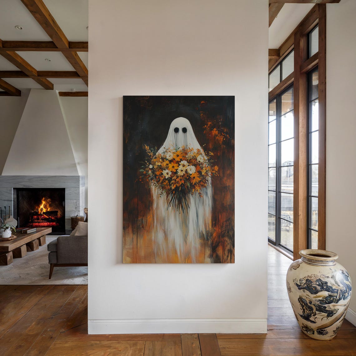 Ghost Holding Autumn Bouquet Rustic Halloween Floral Art Poster - Image 4