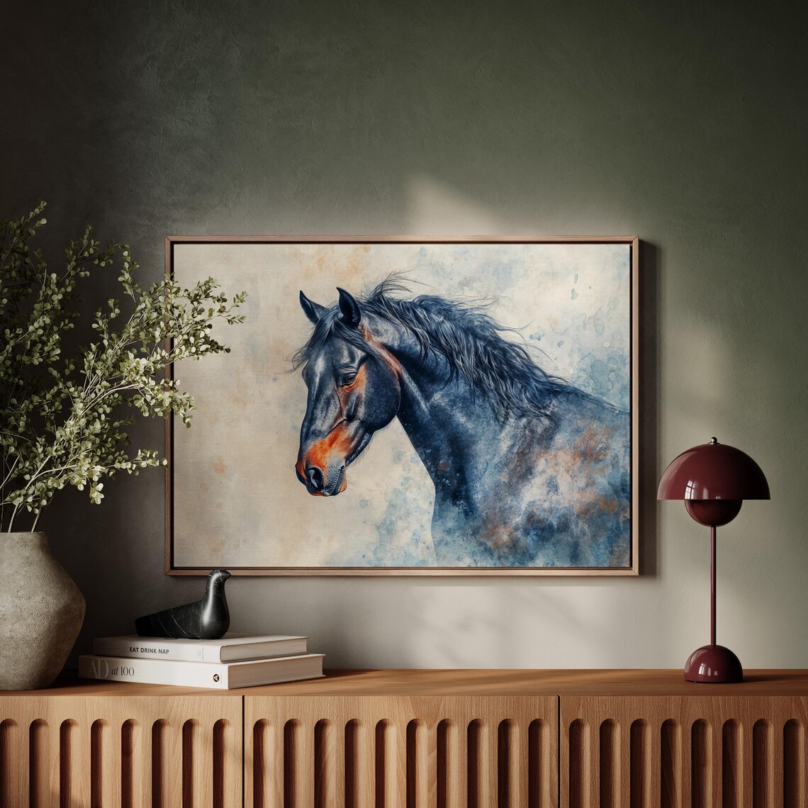 Dark Horse Portrait In Blue Watercolor Modern Equine Art Poster - Image 3