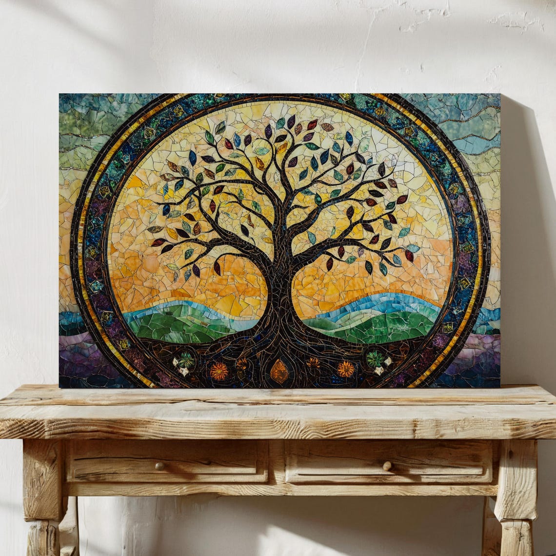 Stained Glass Tree Of Life Mosaic In Golden Sunset Circle Poster - Image 3