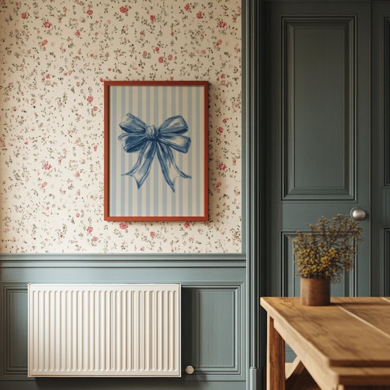 Navy Blue Ribbon Bow On Cream Stripes Coquette Decor Wall Art