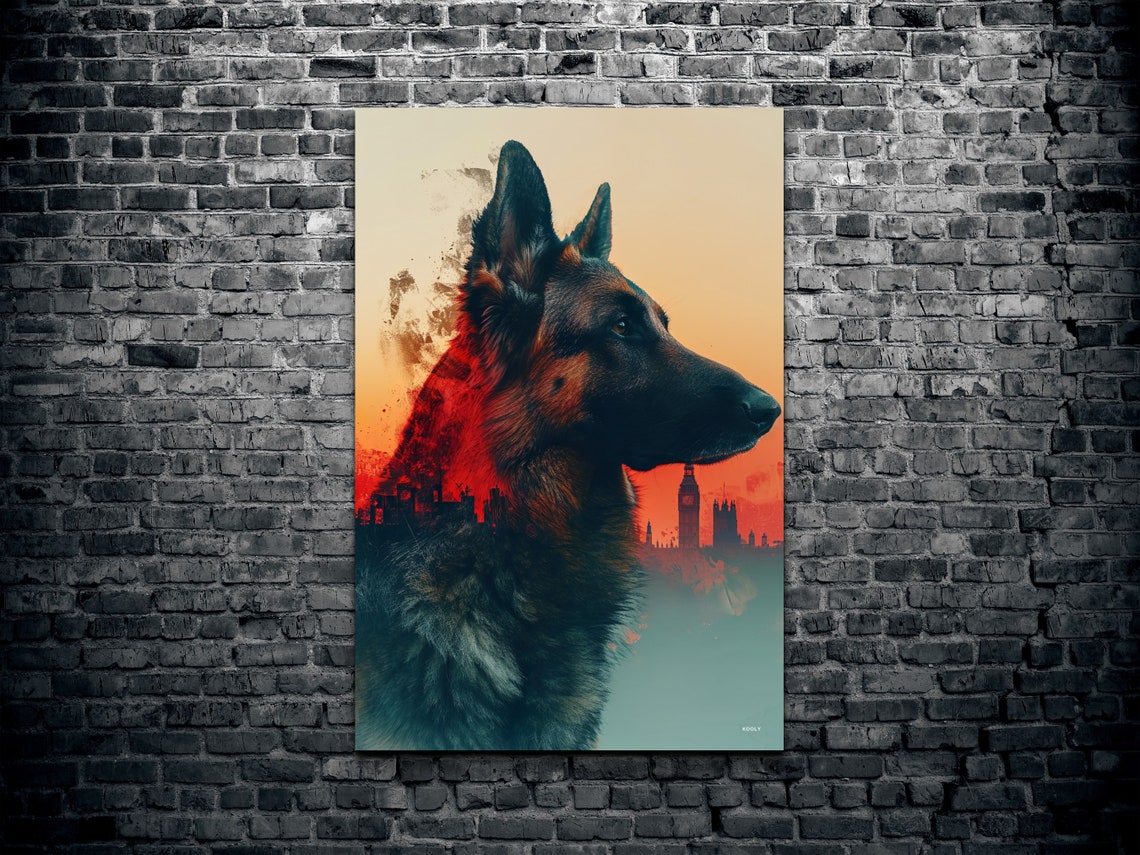 German Shepherd Sunset Double Exposure Dog Portrait Nature Wall Art - Image 2