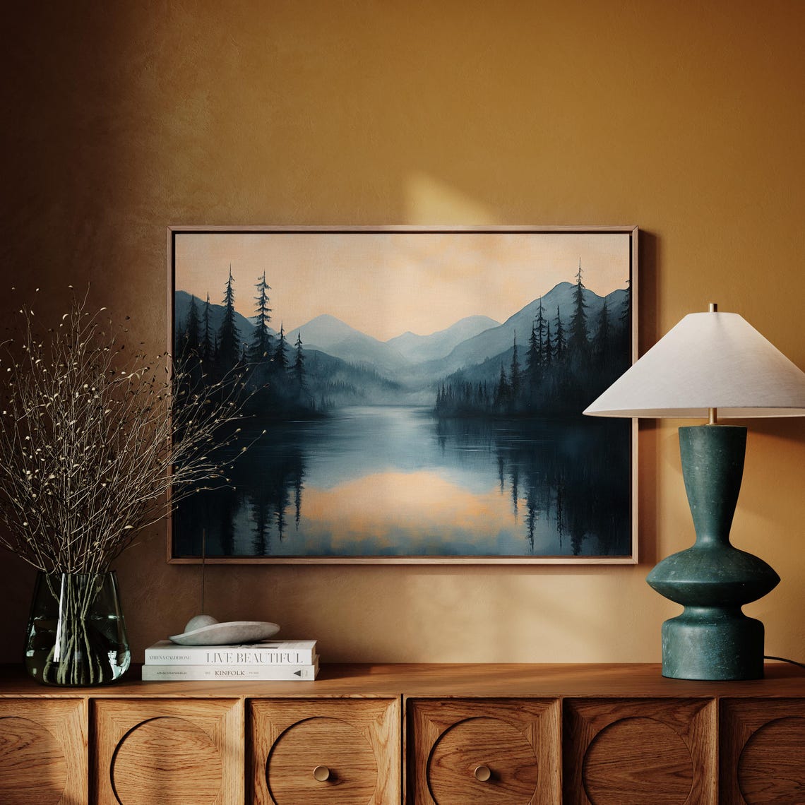 Misty Mountain Lake Dark Forest Reflection Art Moody Sunset Wall Print Serene Nature Landscape Calm Wilderness Decor - Image 3