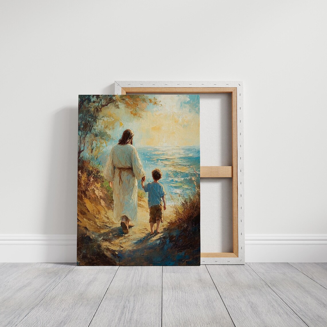 Jesus Holding a Boy's Hand Walking Toward the Sea at Sunset Poster - Image 6