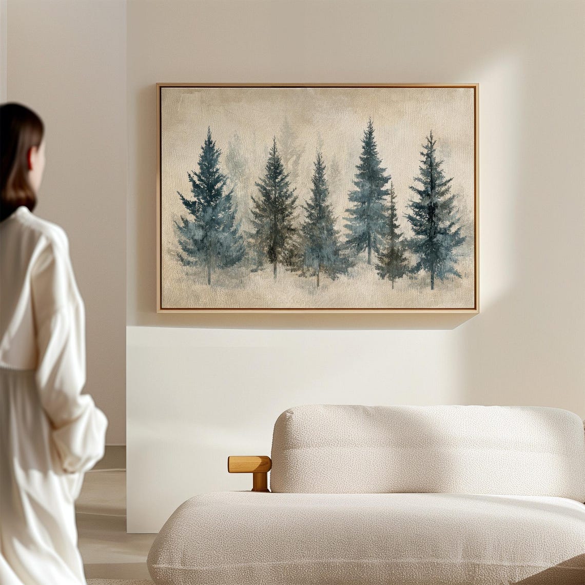 Minimalist Watercolor Blue Pine Trees In Soft Winter Fog Poster