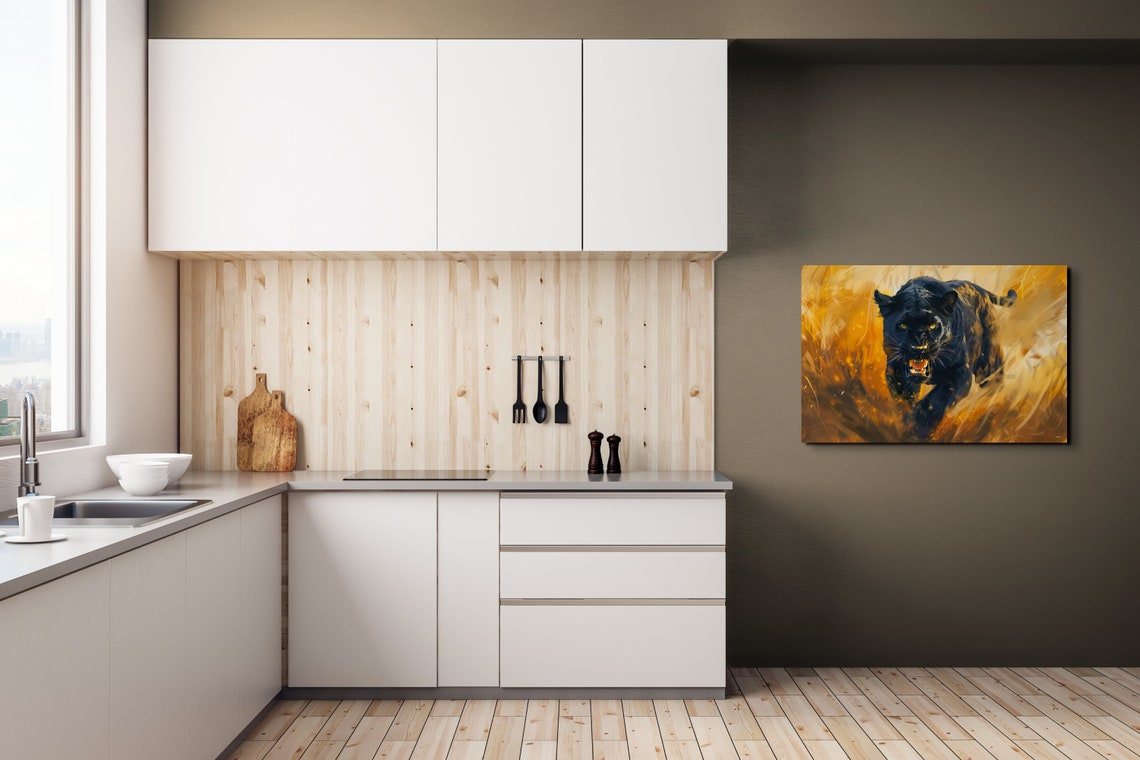 Lunging Black Panther in Golden Light Bold Wildlife Art Poster - Image 6