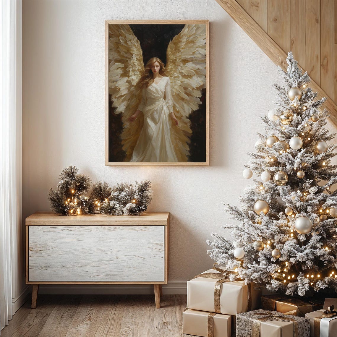 Majestic Angel With Golden Wings In Flowing White Gown Wall Art