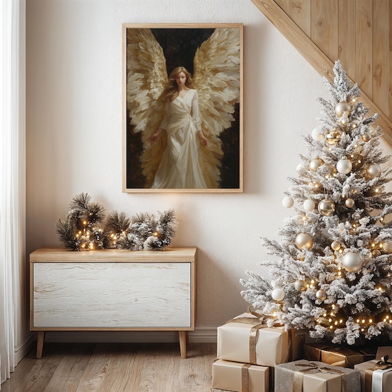 Majestic Angel With Golden Wings In Flowing White Gown Wall Art