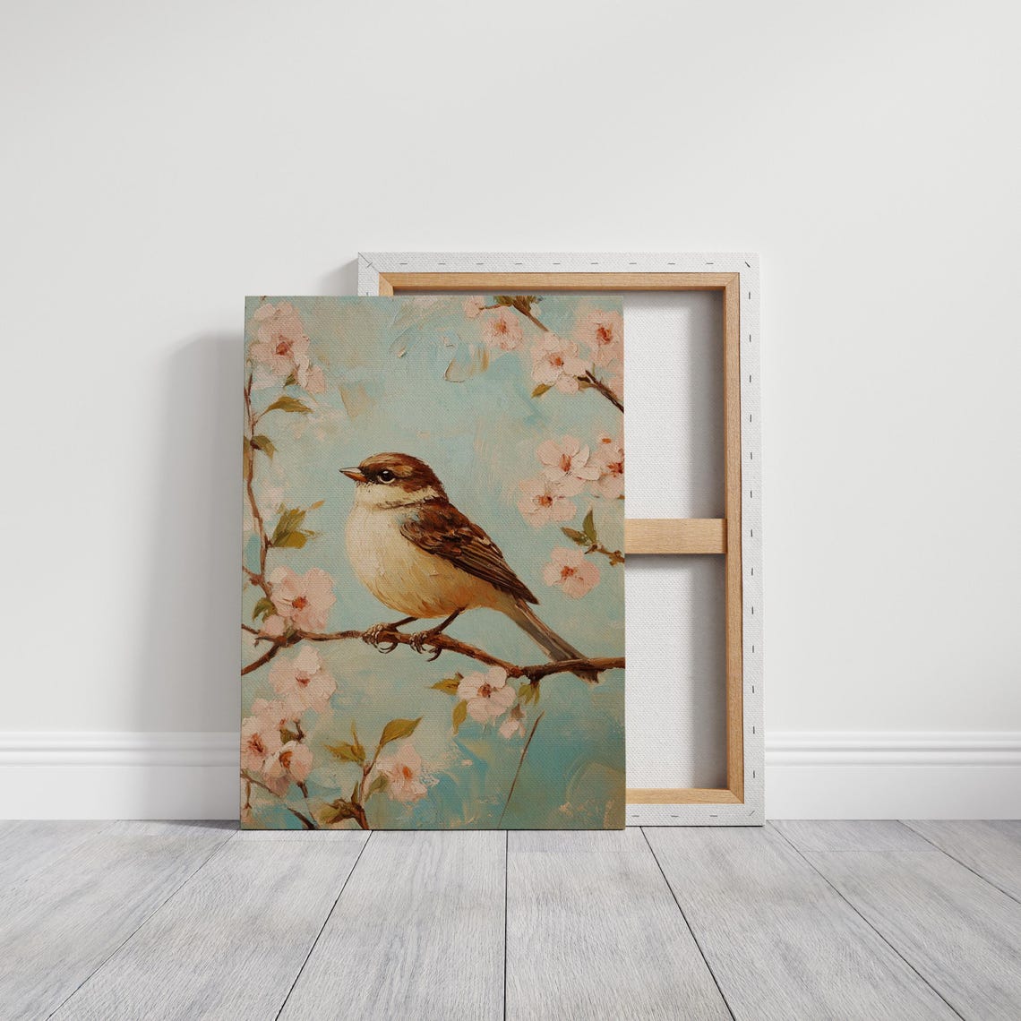 Little Bird on Cherry Blossom Branch Soft Pastel Spring Art Print - Image 3