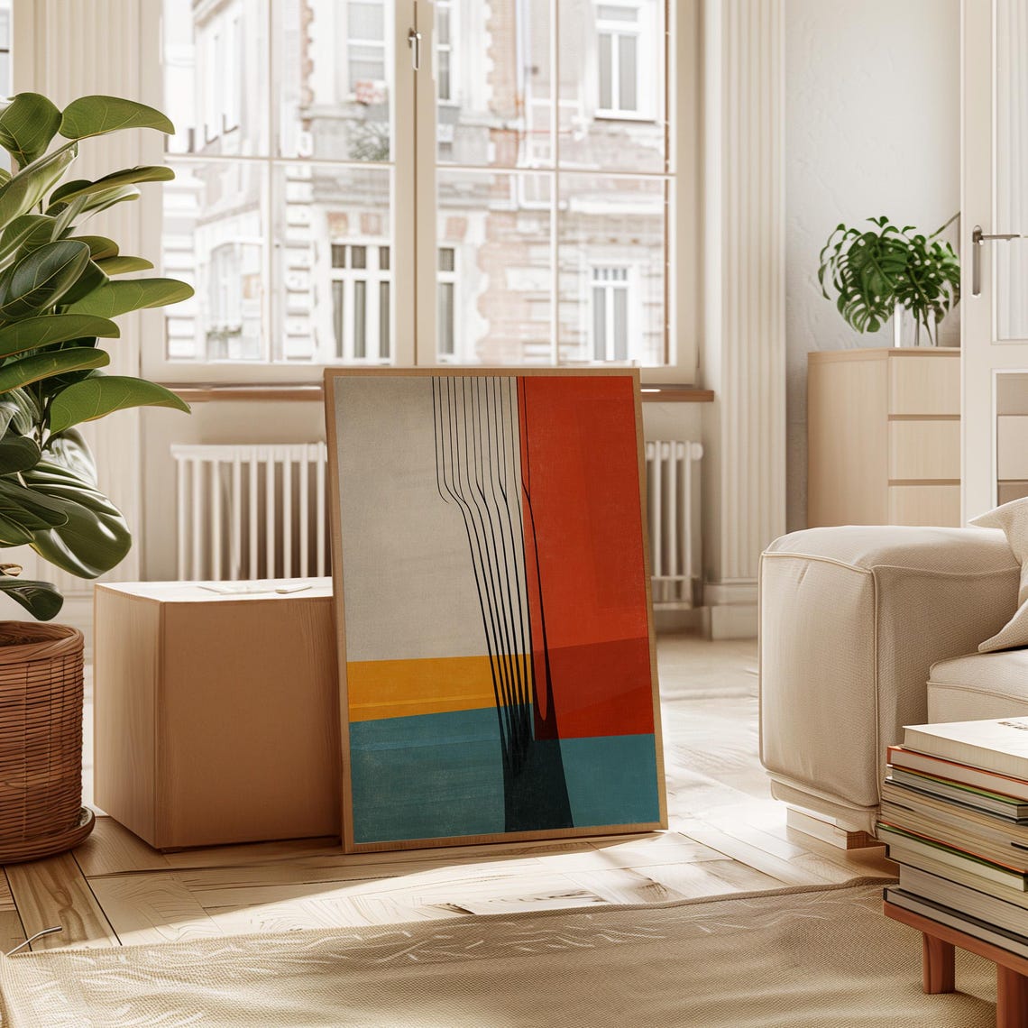 Mid Century Abstract Lines In Red And Blue