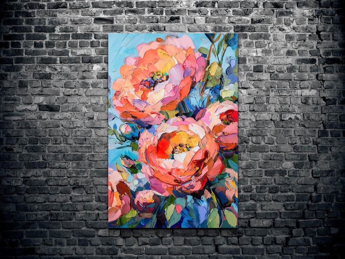 Pink Orange Peony Blooms Impasto Oil Style Floral Canvas Poster - Image 2