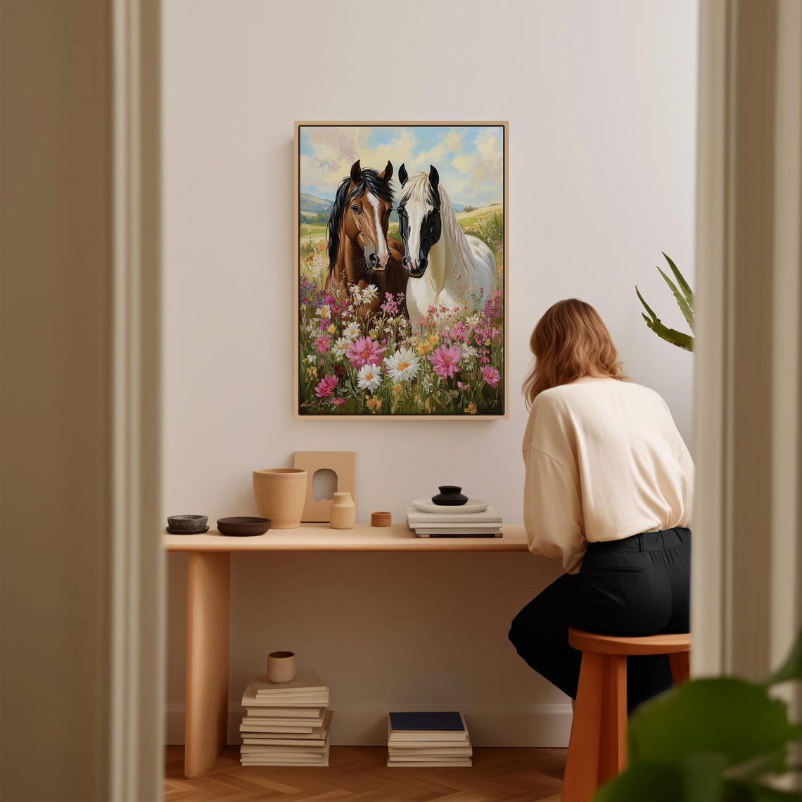 Two Horses Side by Side in Blooming Wildflower Meadow Close-Up Poster - Image 3