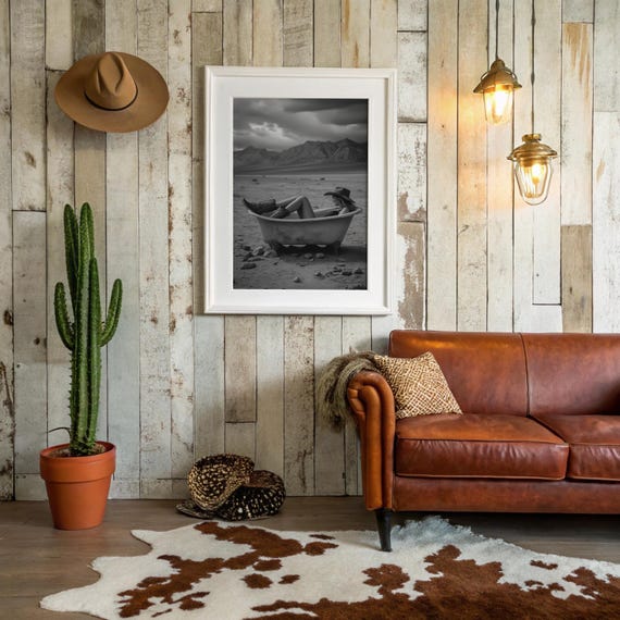 Cowgirl In Desert Bathtub Black And White Western Art