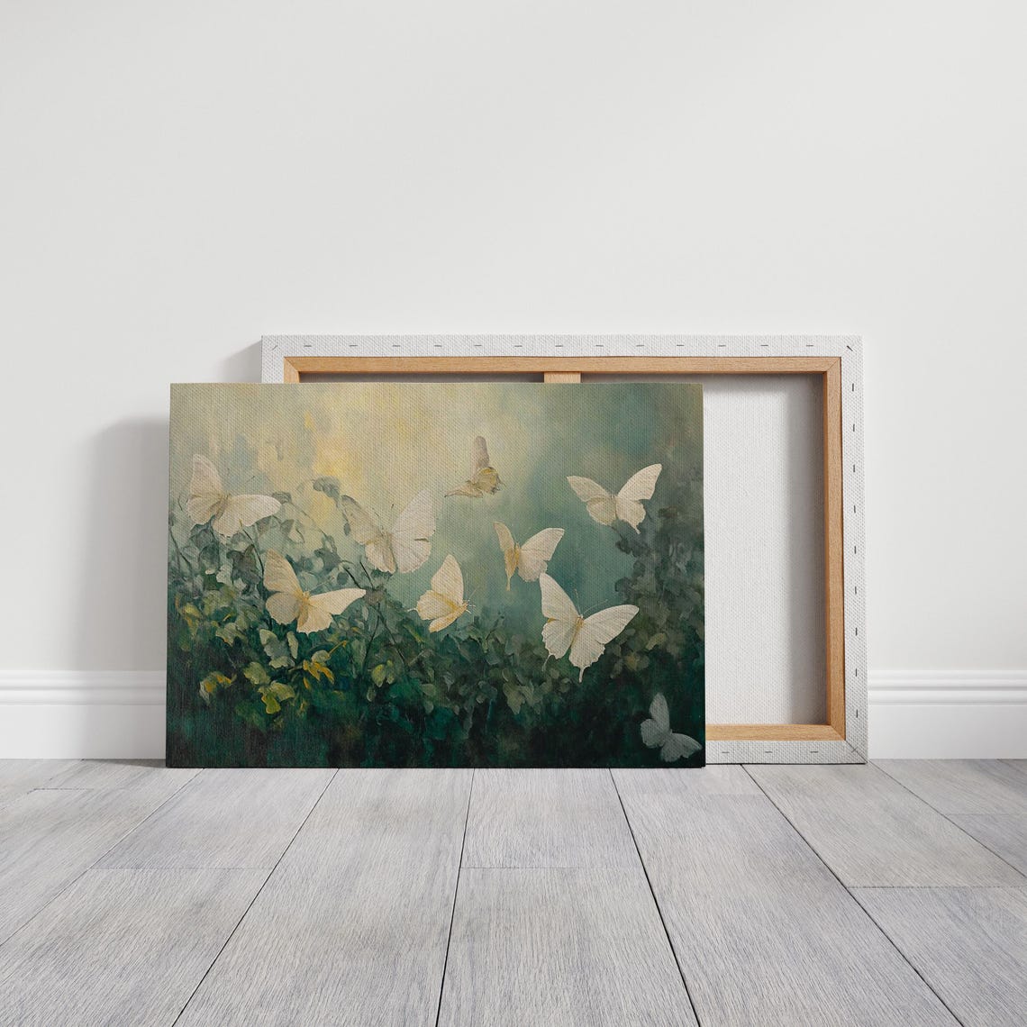 White Butterflies Rising Over Green Foliage Textured Art Poster - Image 3