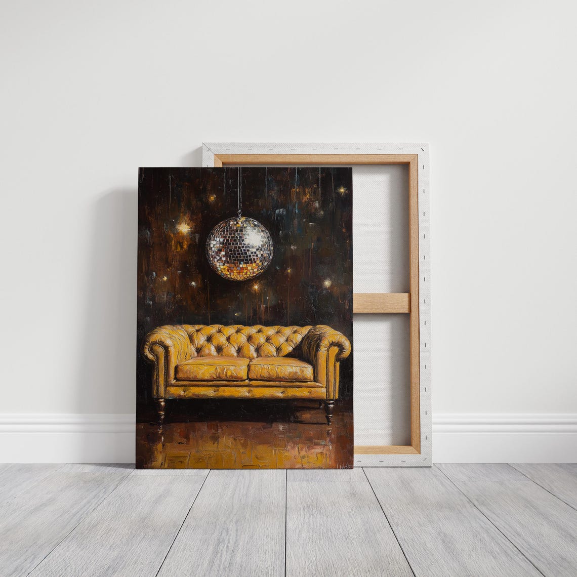 Yellow Chesterfield Sofa Disco Ball Dark Sparkle Retro Poster - Image 3