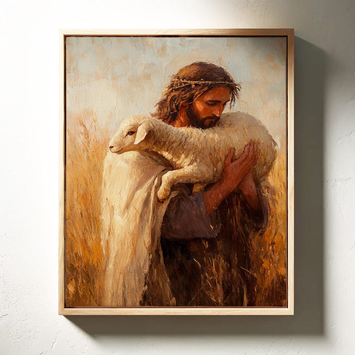 Jesus Crown Of Thorns Cradling Lamb Golden Wheat Field Poster - Image 3